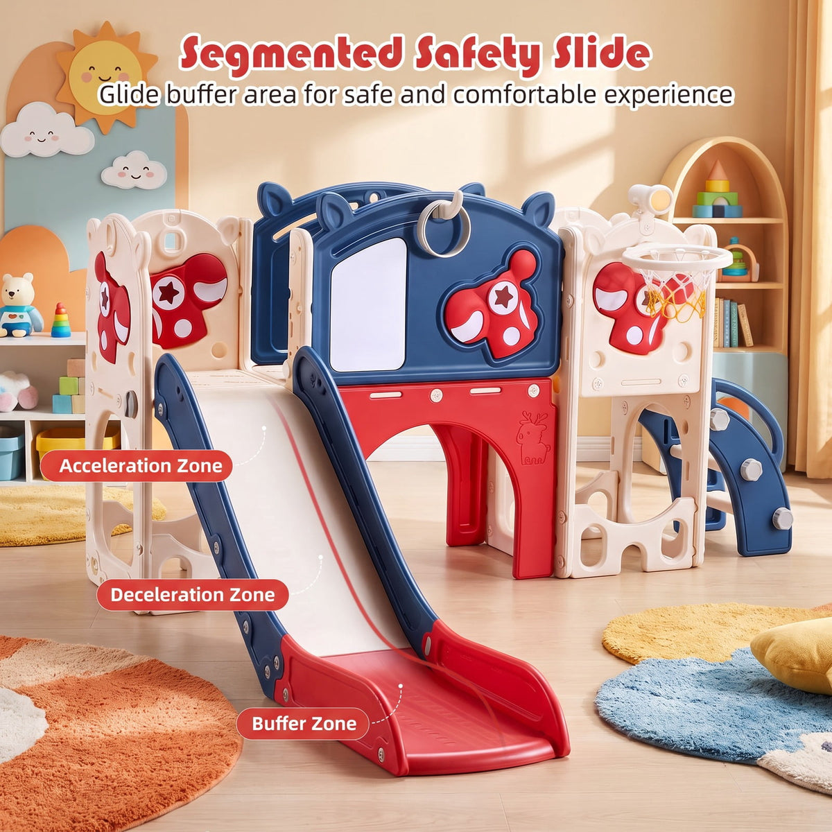 Redsmile Kids Slide and Climber Playset with Basketball Hoop, Telescope, Golf, Drawing Board and Ring Toss Activities