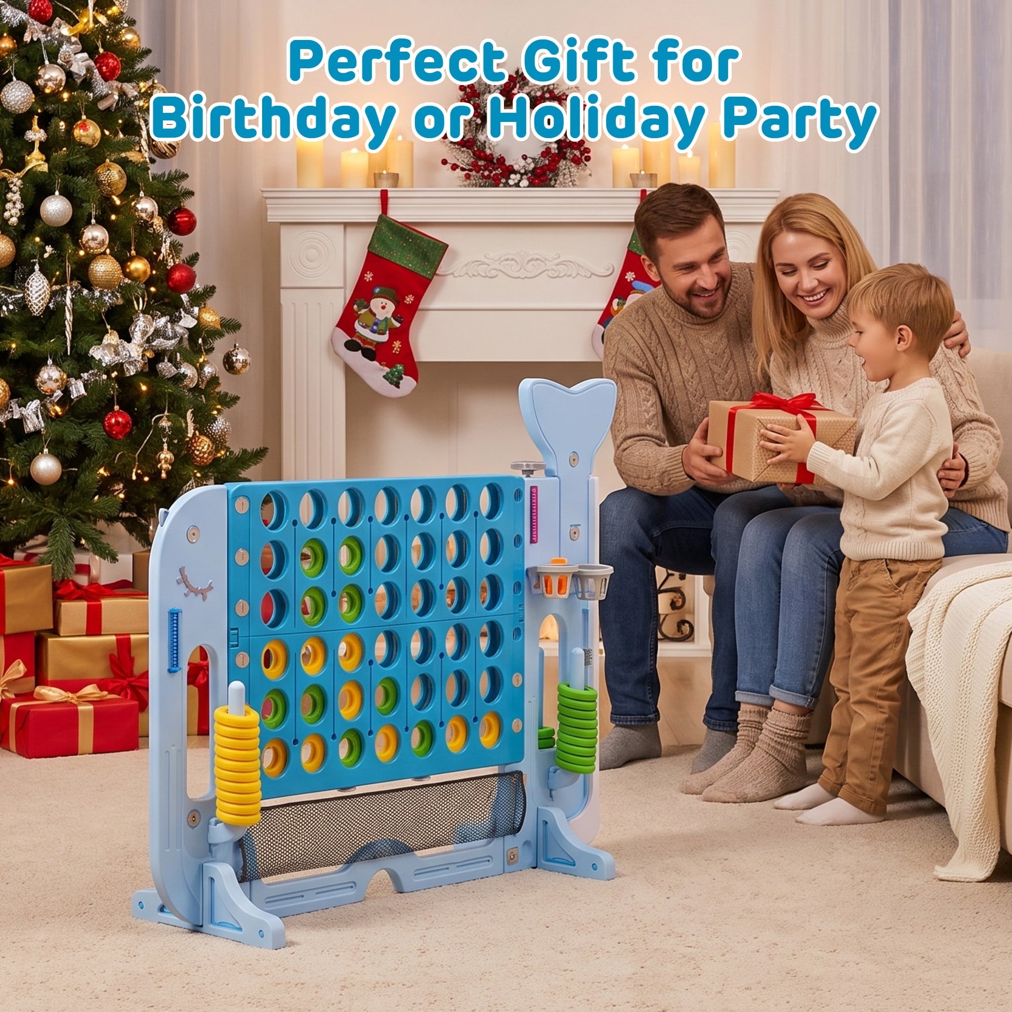Redsmile Giant 4 in a Row Game Set, 4-in-1 Outdoor Yard Games for Kids Adults with Ring Toss, Basketball, Golf, 4-Level Adjustable Height, Family Backyard Party Games