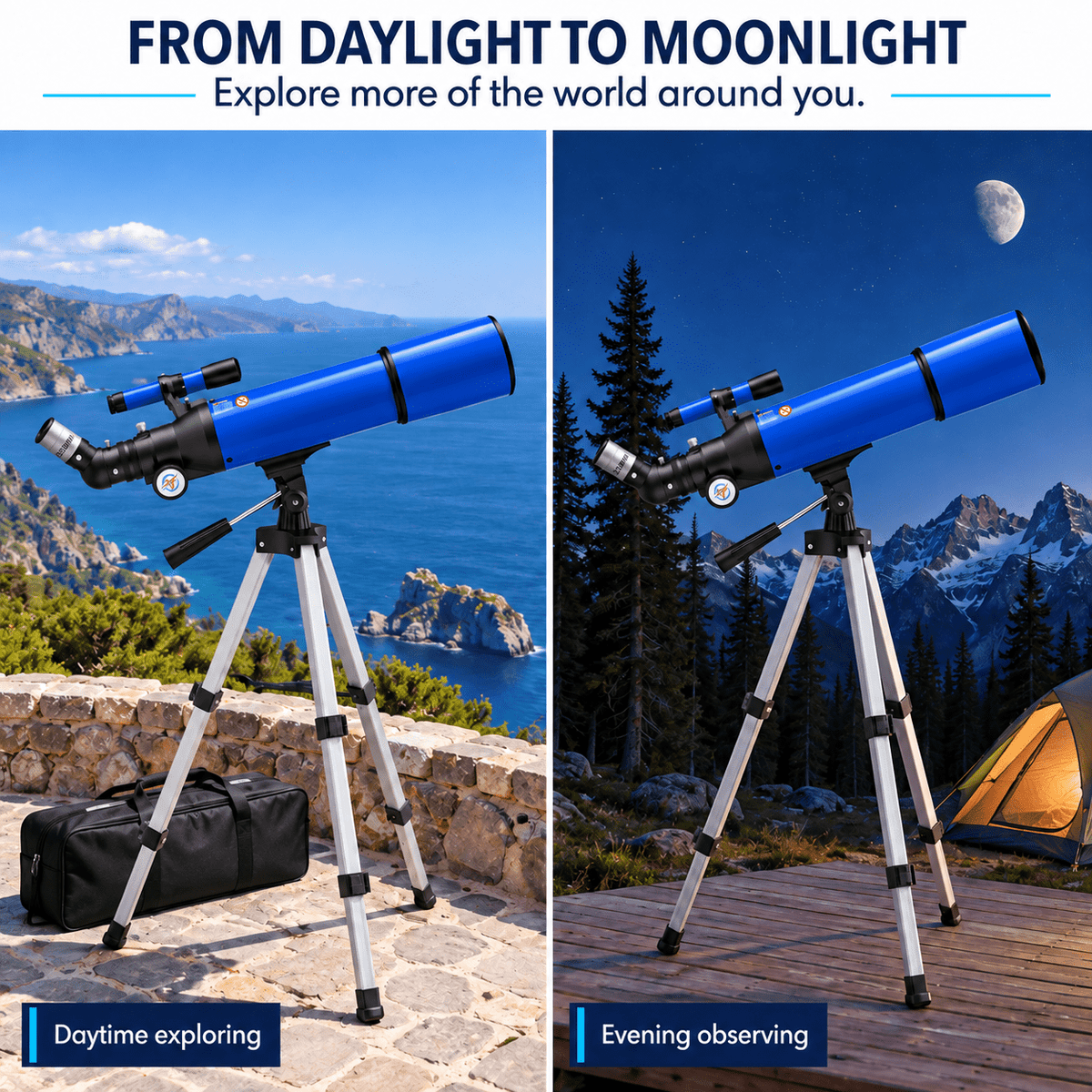 Redsmile Telescope for Adults and Kids, 80mm Aperture 500mm Refractor Telescope for Beginners, High Powered 20x to 50x Astronomy Optics, AZ Mount Tripod, Portable for Moon, Stargazing, Birding, Blue