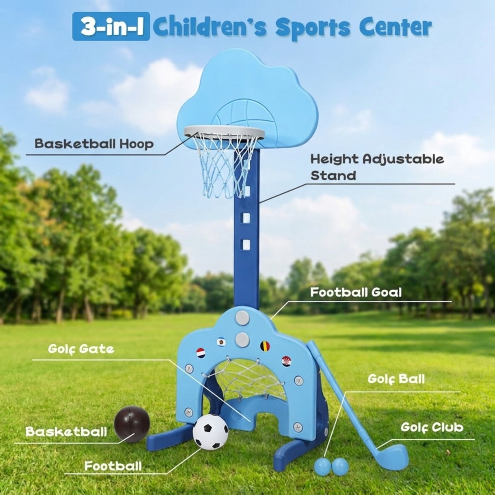 Redsmile Kids Basketball Hoop Set, 3-in-1 Sports Set with Basketball Soccer and Golf, Adjustable Height Toddler Sports Toy, Blue