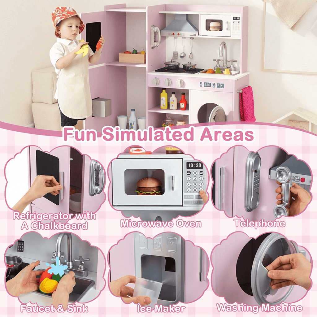 Redsmile Play Kitchen,Wooden Kids Kitchen Playset with Realistic Lights and Sounds,Pretend Play Toy Kitchen with Ice Maker and Range Hood,Gift for Girls Boys Ages 3-10,Pink