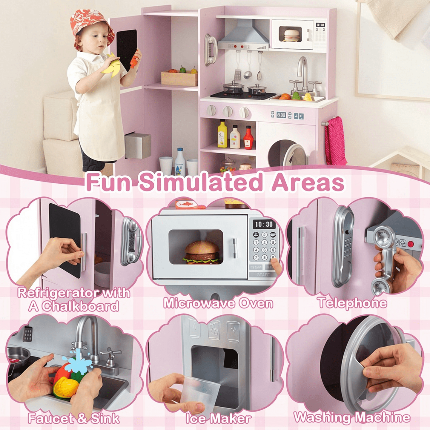 Redsmile Play Kitchen,Wooden Kids Kitchen Playset with Realistic Lights and Sounds,Pretend Play Toy Kitchen with Ice Maker and Range Hood,Gift for Girls Boys Ages 3-10,Pink
