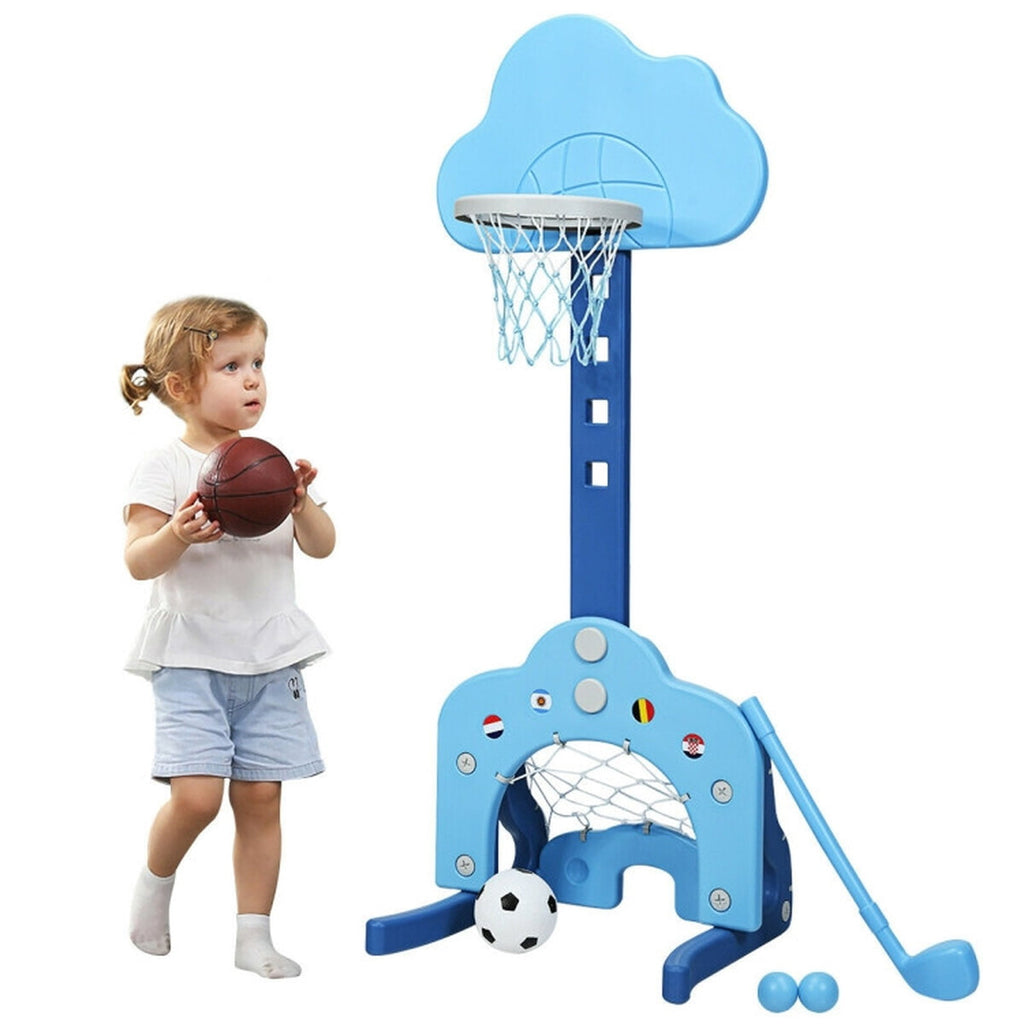 Redsmile Kids Basketball Hoop Set, 3-in-1 Sports Set with Basketball Soccer and Golf, Adjustable Height Toddler Sports Toy, Blue