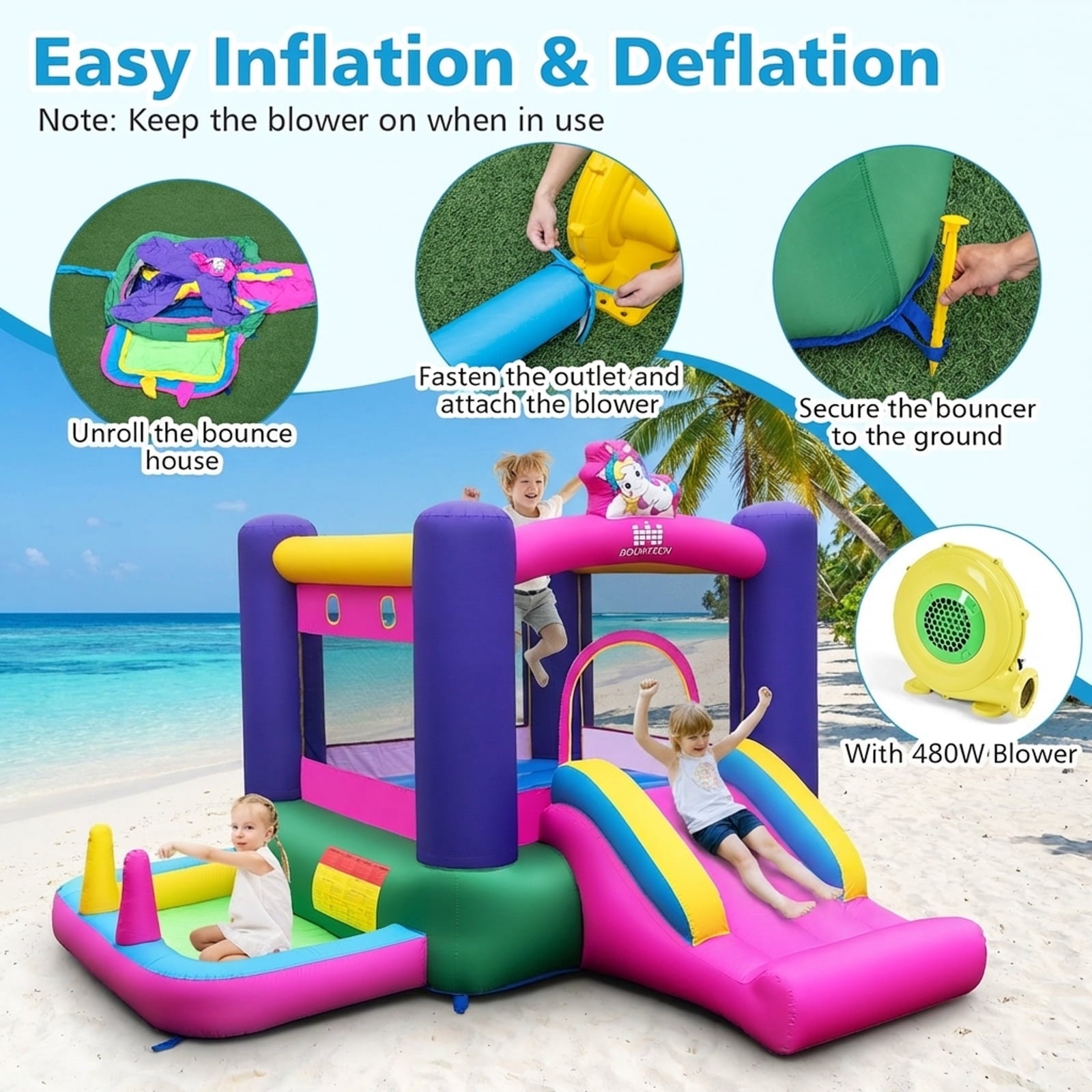 Redsmile 6-in-1 Bouncy Castle Inflatable Bounce House with Slide and Ball Pit with 480W Blower - Multicolor
