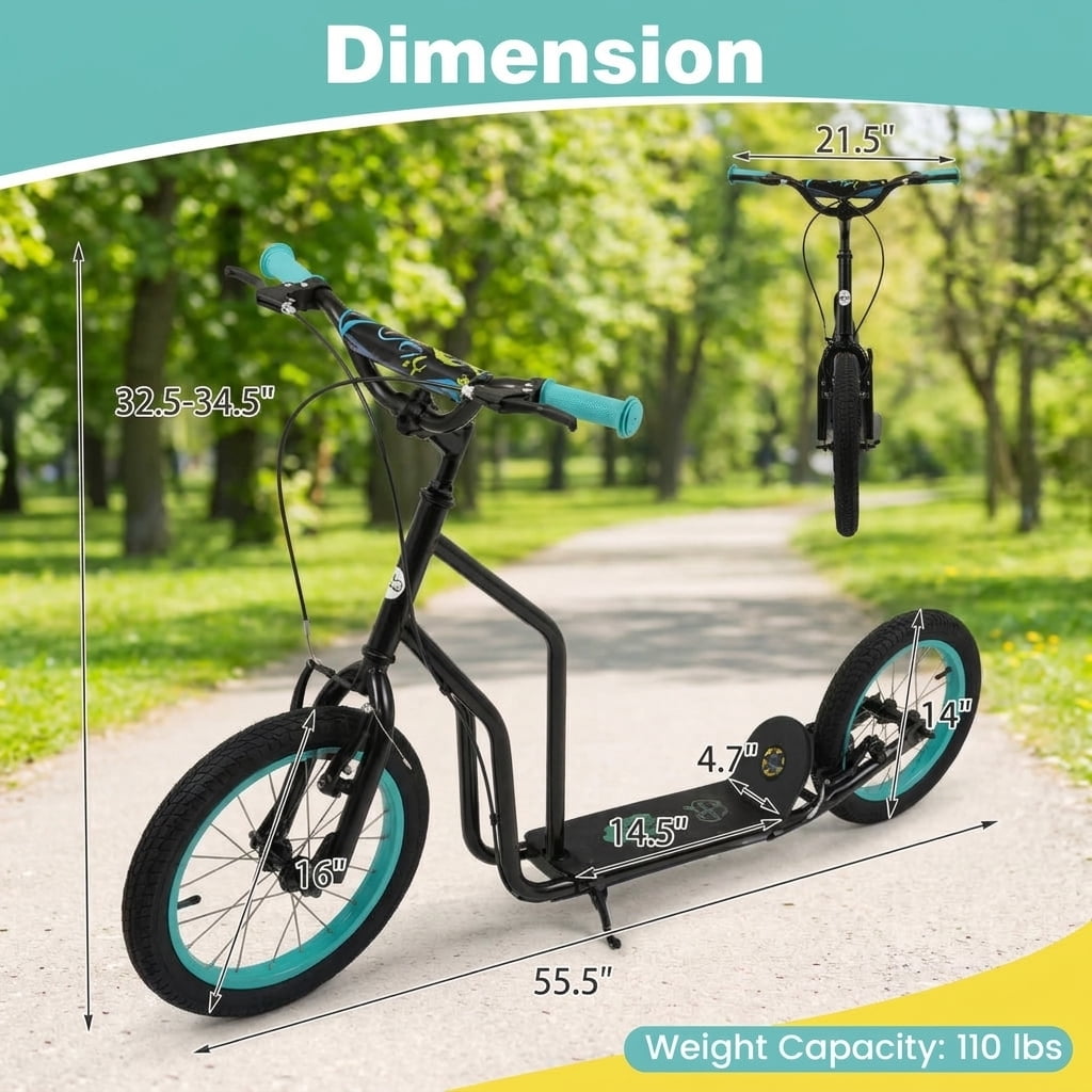 Redsmile Kids Scooter for Ages 8 and Up, Youth Scooter with 16/14 Inch Inflatable Wheels and Adjustable Handlebar, Big Wheel Scooter, Black