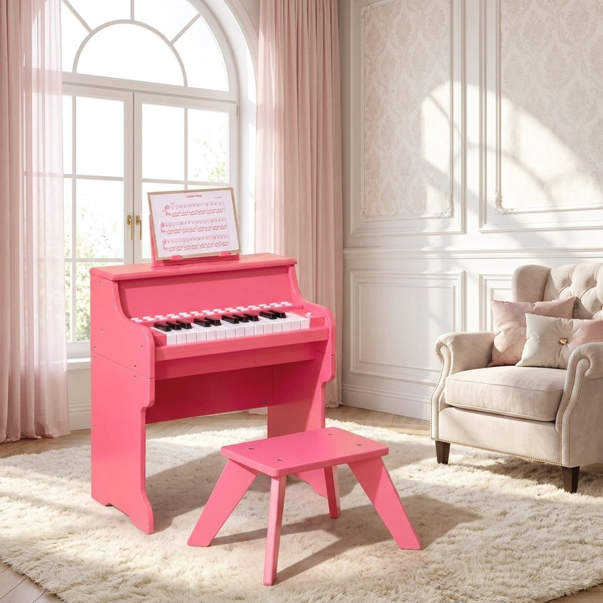 Redsmile 25-Key Kids Piano Keyboard with Wooden Cabinet and Music Stand for Kids and Toddlers Age 3 and Up to Start Learning, Pink
