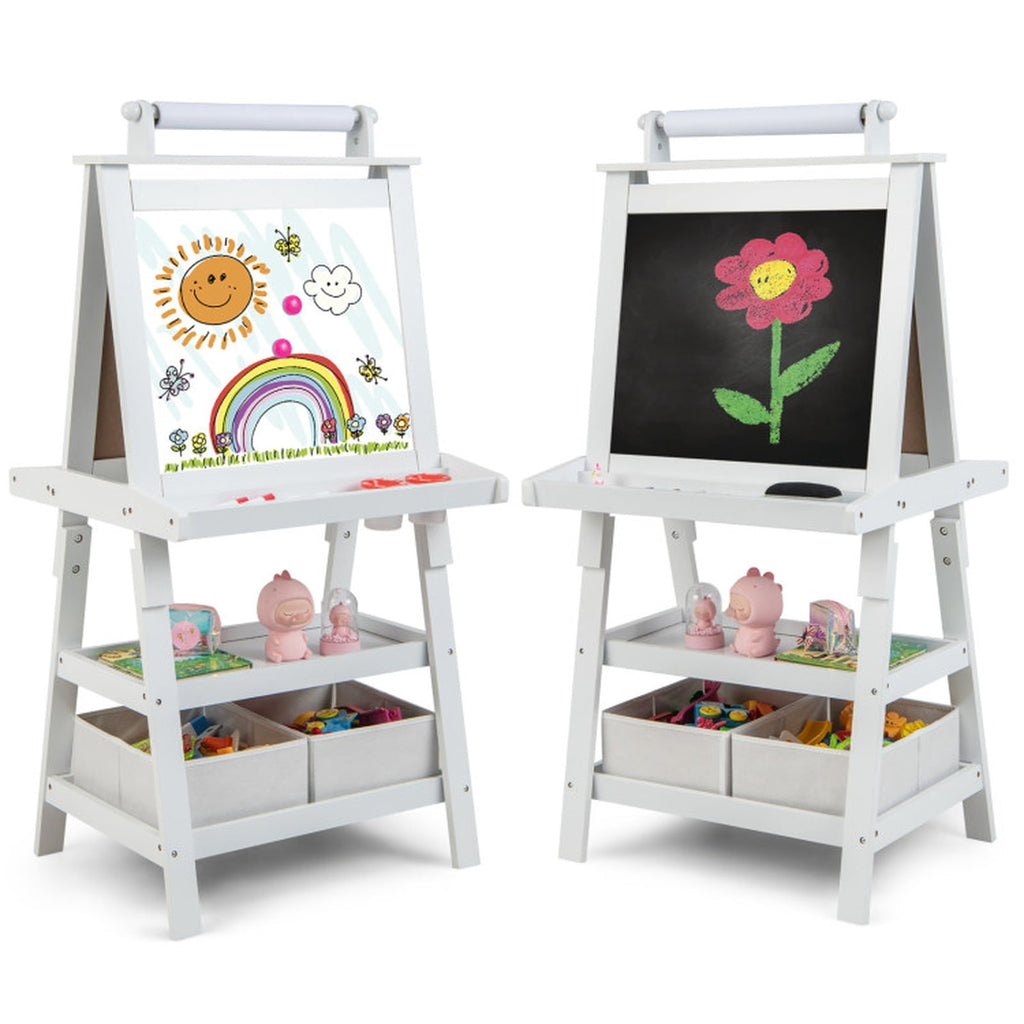 Redsmile 3-in-1 Kids Art Easel for Toddlers 3+ Years, Double-Sided Standing Easel with Whiteboard, Chalkboard and Paper Roll, Storage Shelves, Fabric Bins and Paint Cups, Christmas Gift, White