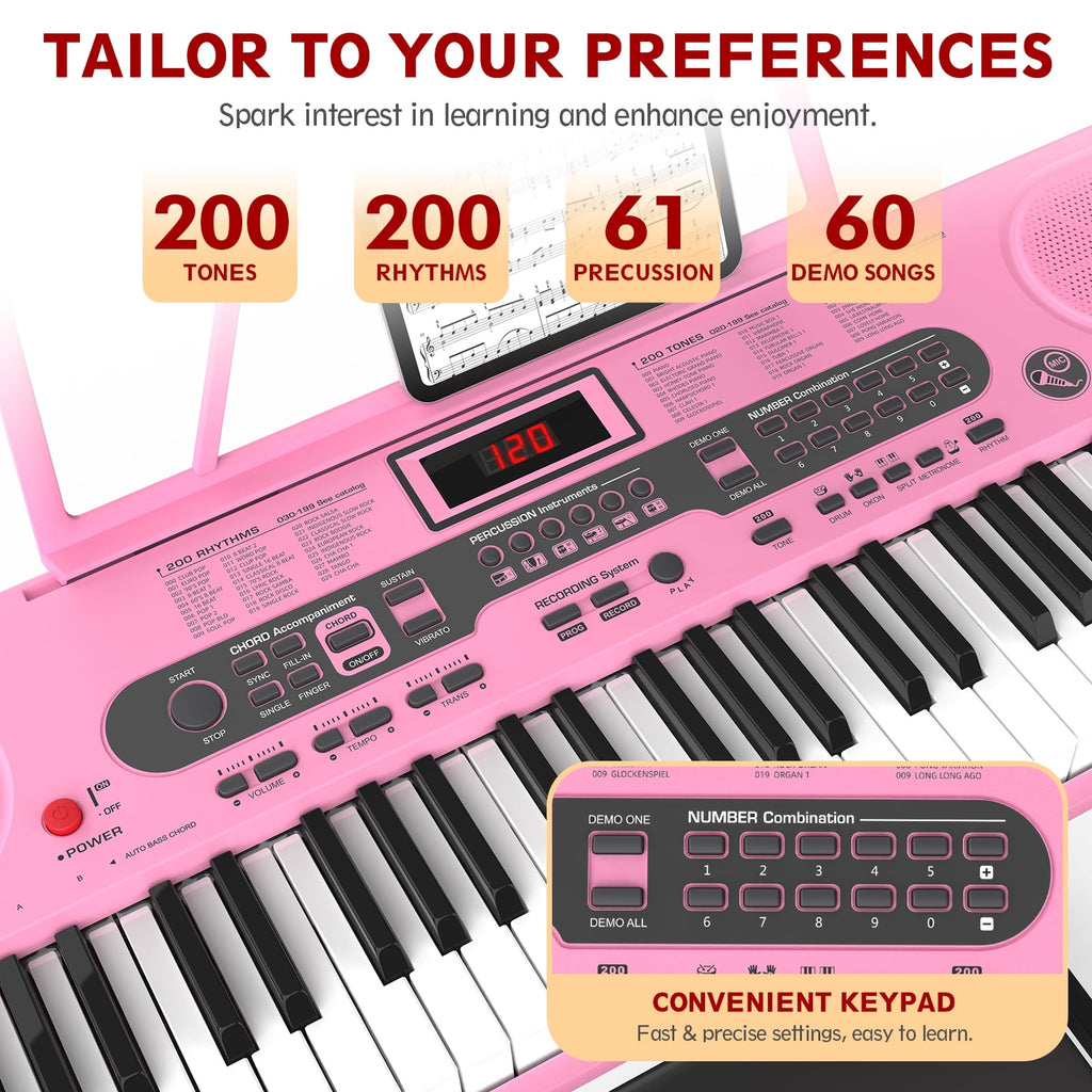 Redsmile 61 Key Piano Keyboard with Lighted Keys Stand Bench Microphone Headphone and Built-in Speakers for Beginners, Pink