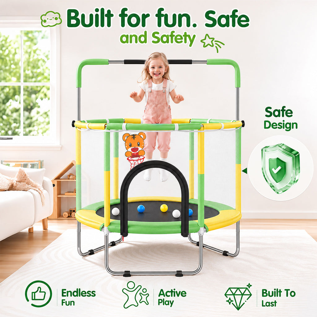 Redsmile 55 Inch Trampoline for Kids with Safety Net, 3-Level Adjustable Height, 500lb Capacity Indoor and Outdoor Jumper with Basketball Hoop for Boys and Girls, Green