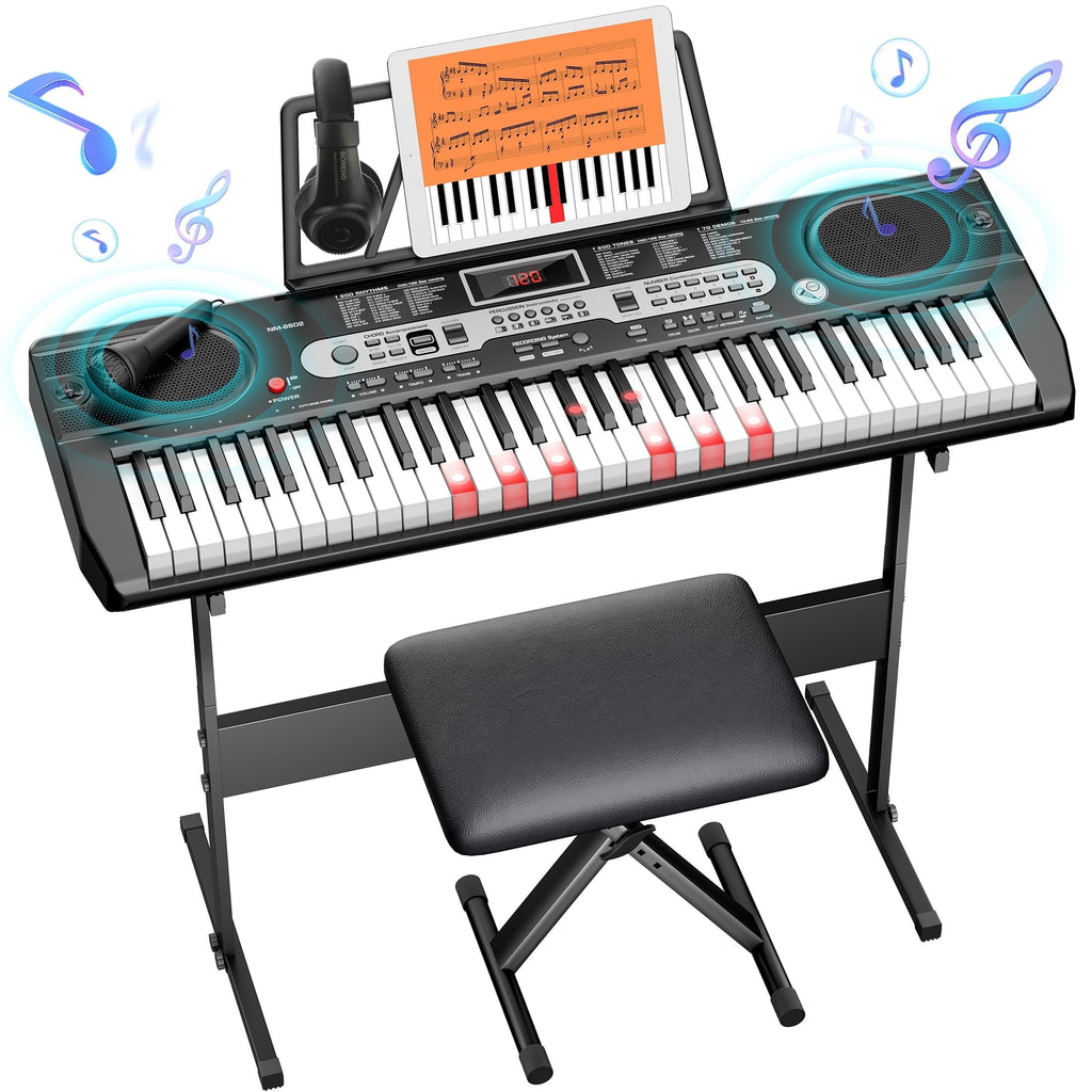 Redsmile 61-Key Piano Keyboard with Lighted Keys, Stand, Bench, Microphone, Headphone, Electronic Keyboard Piano Set, Black