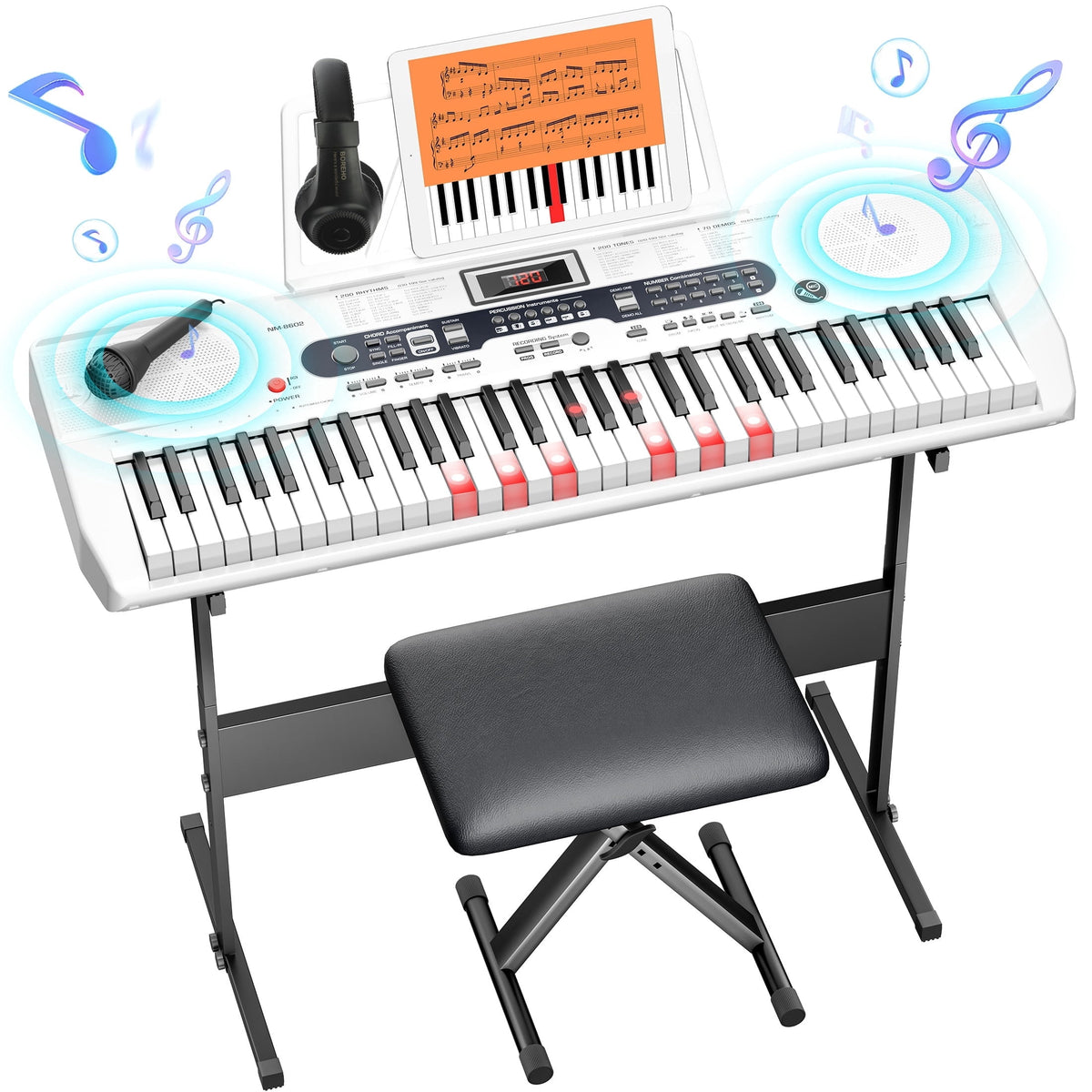 Redsmile 61-Key Piano Keyboard with Lighted Keys, Stand, Bench, Microphone, Headphone, Electronic Keyboard Piano Set, White