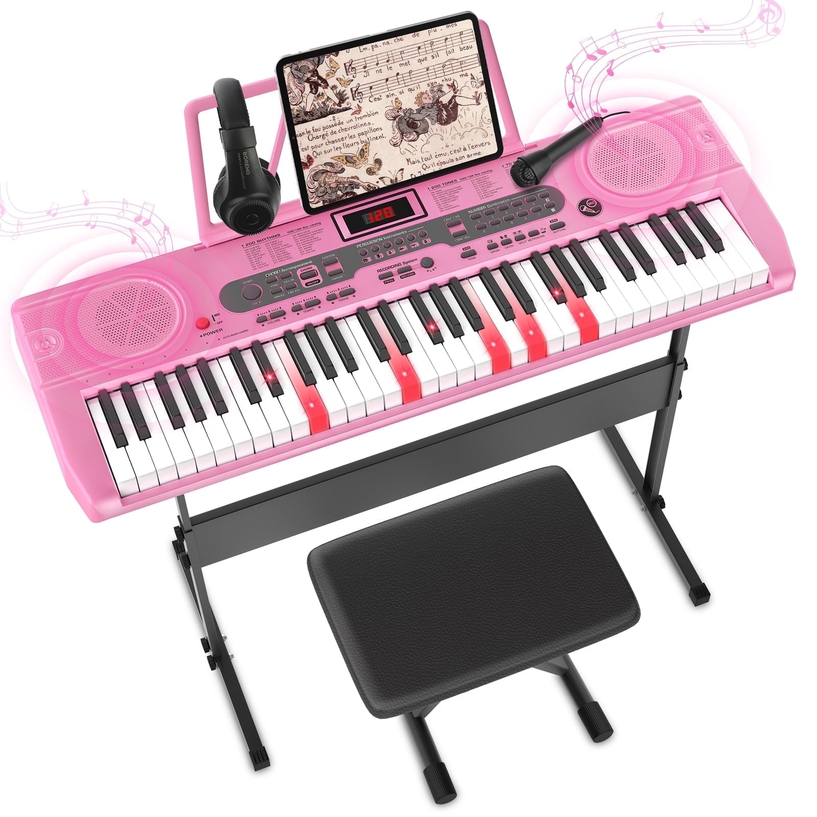 Redsmile 61 Key Piano Keyboard with Lighted Keys Stand Bench Microphone Headphone and Built-in Speakers for Beginners, Pink