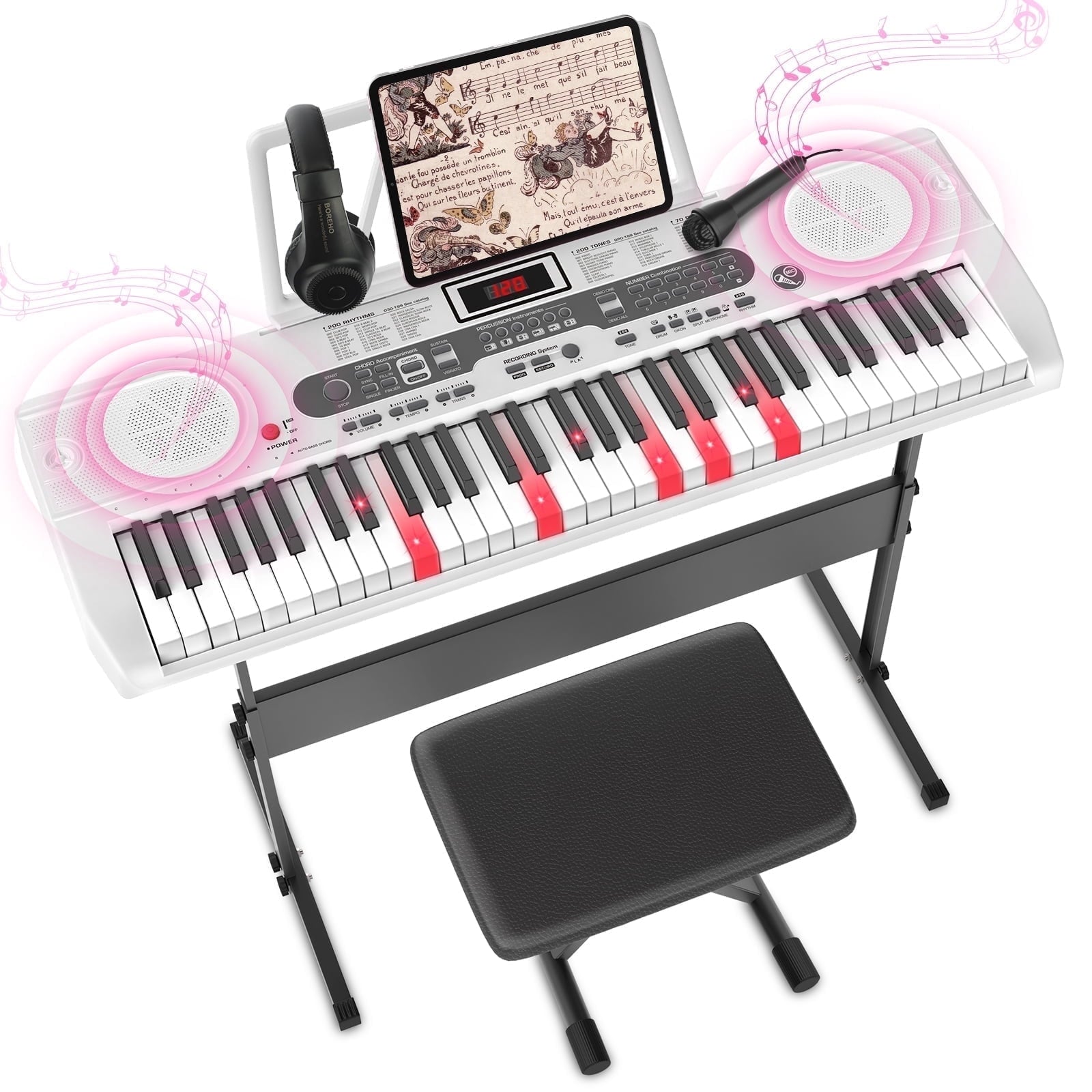 Redsmile 61 Key Piano Keyboard with Lighted Keys Stand Bench Microphone Headphone and Built-in Speakers for Beginners, White