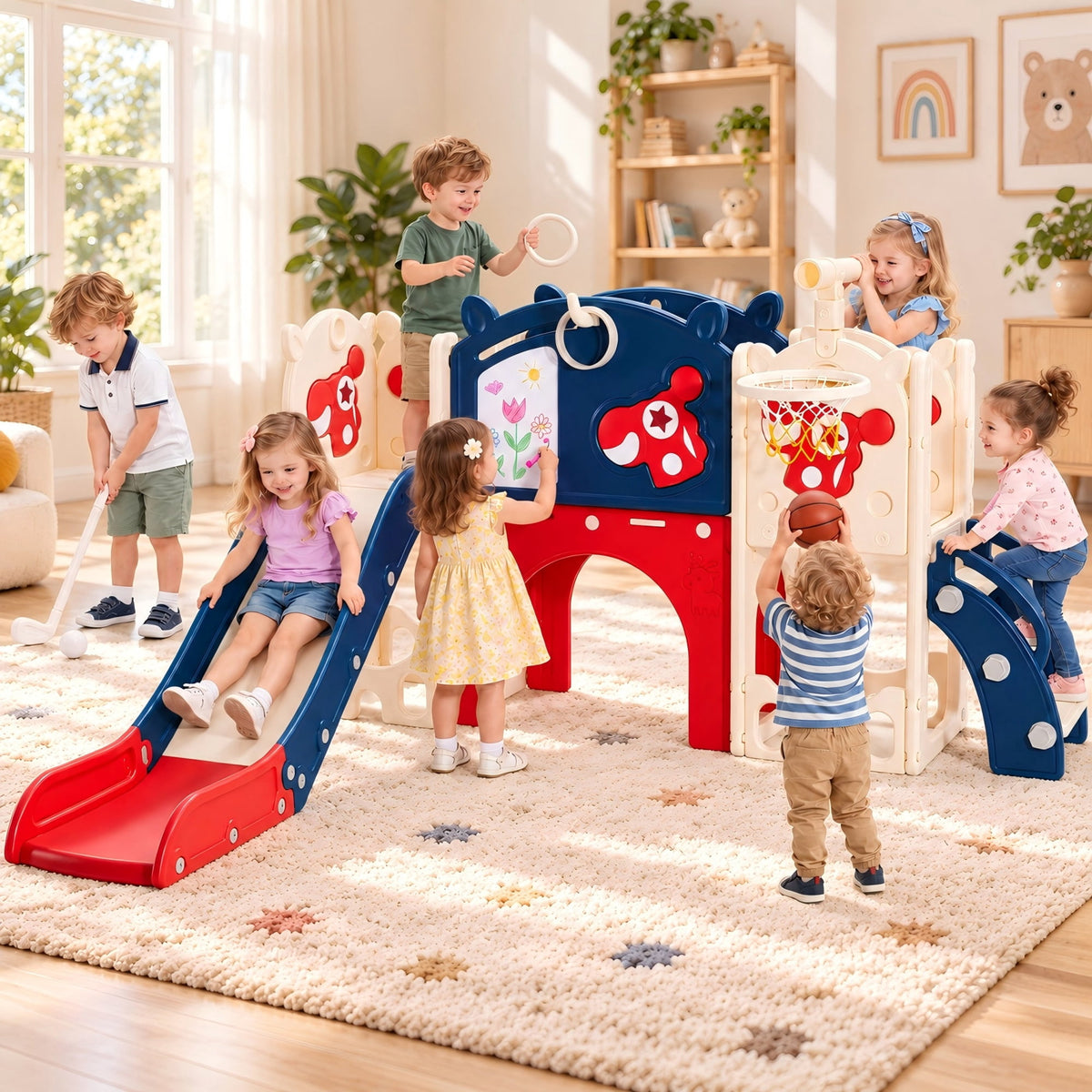 Redsmile 11-in-1 Toddler Slide and Climber Indoor Playground with Tunnel, Basketball Hoop, Drawing Board and Ring Toss, Outdoor Kids Playset Activity Center with Storage for Boys and Girls