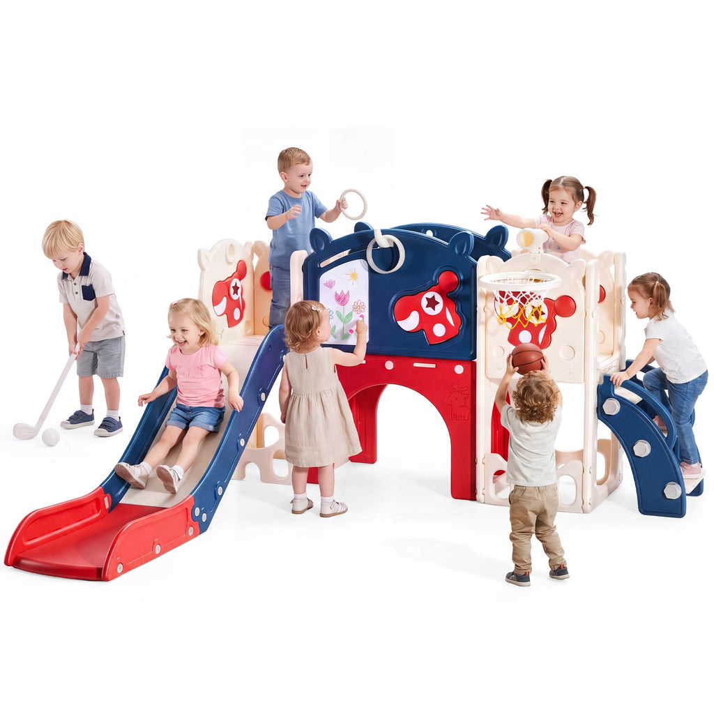 Redsmile 11-in-1 Toddler Slide Indoor Playground with Climber, Basketball Hoop and Storage, Kids Activity Center for Boys Girls