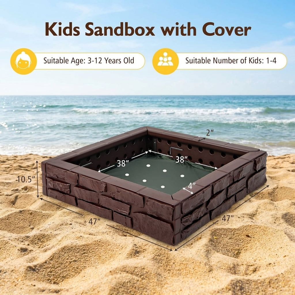 Redsmile 2-In-1 HDPE Kids Sandbox with Cover and Bottom Liner - Brown - Outdoor Play - Garden Toy - Backyard Fun