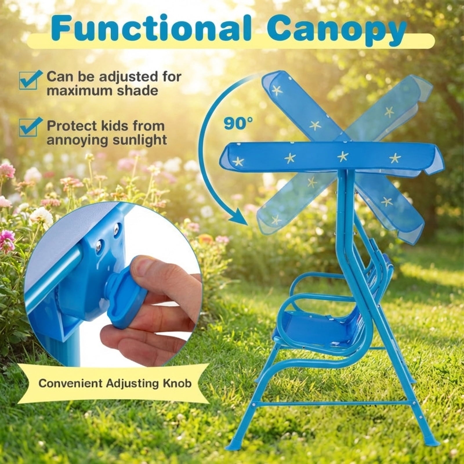 Redsmile 2-Seater Kids Patio Swing with Metal Stand and Adjustable Canopy - Blue - Backyard Play - Outdoor Fun
