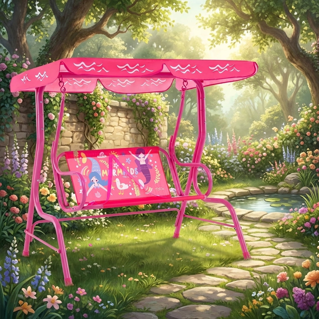 Redsmile 2-Seater Kids Patio Swing with Metal Stand and Adjustable Canopy - Pink - Backyard Play - Outdoor Fun