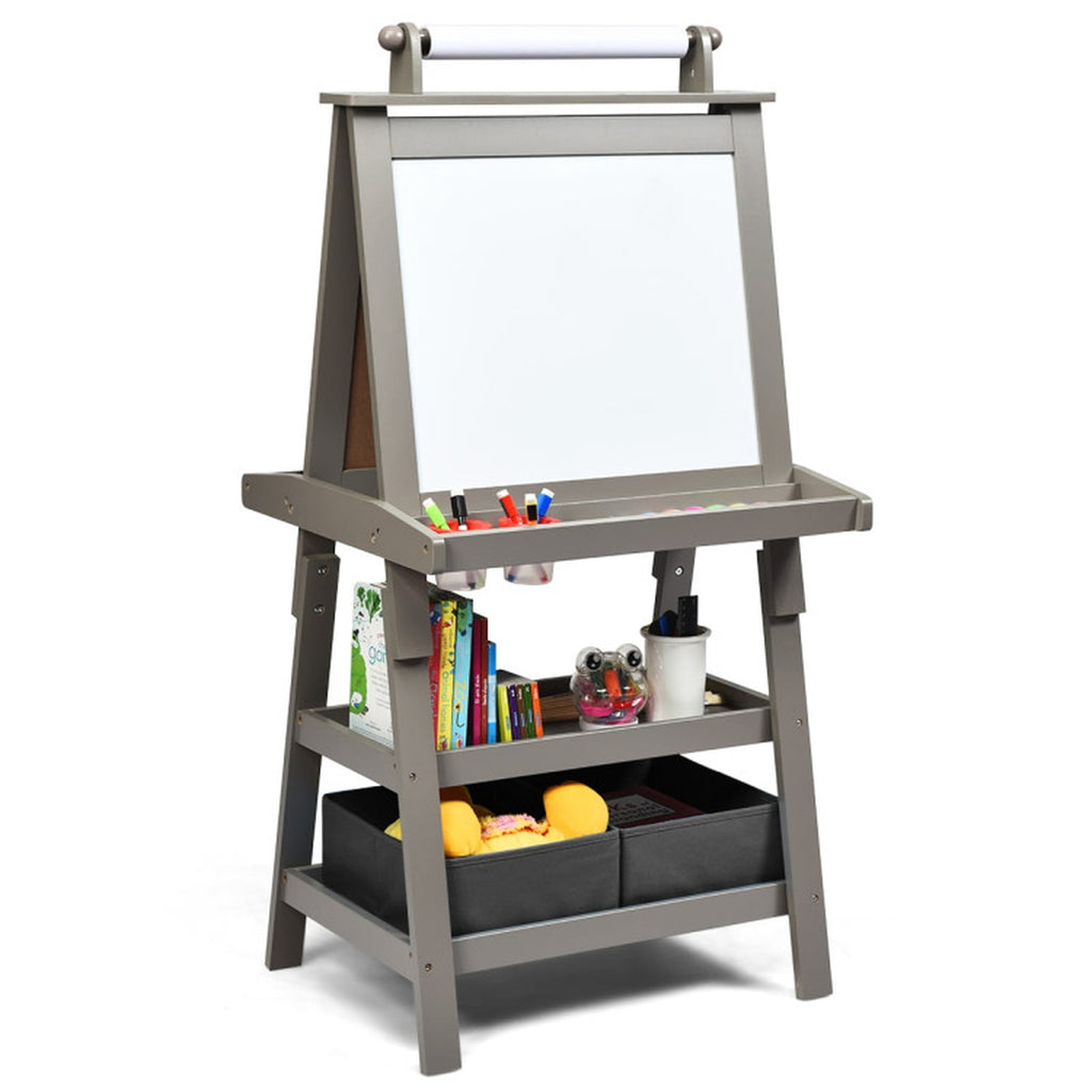 Redsmile 3-in-1 Double-Sided Kids Art Easel with Paper Roll and Storage Bins, Art Easel for Kids, Standing Easel, Double Sided Easel for Toddlers Boys Girls, Christmas Birthday Gift, Gray