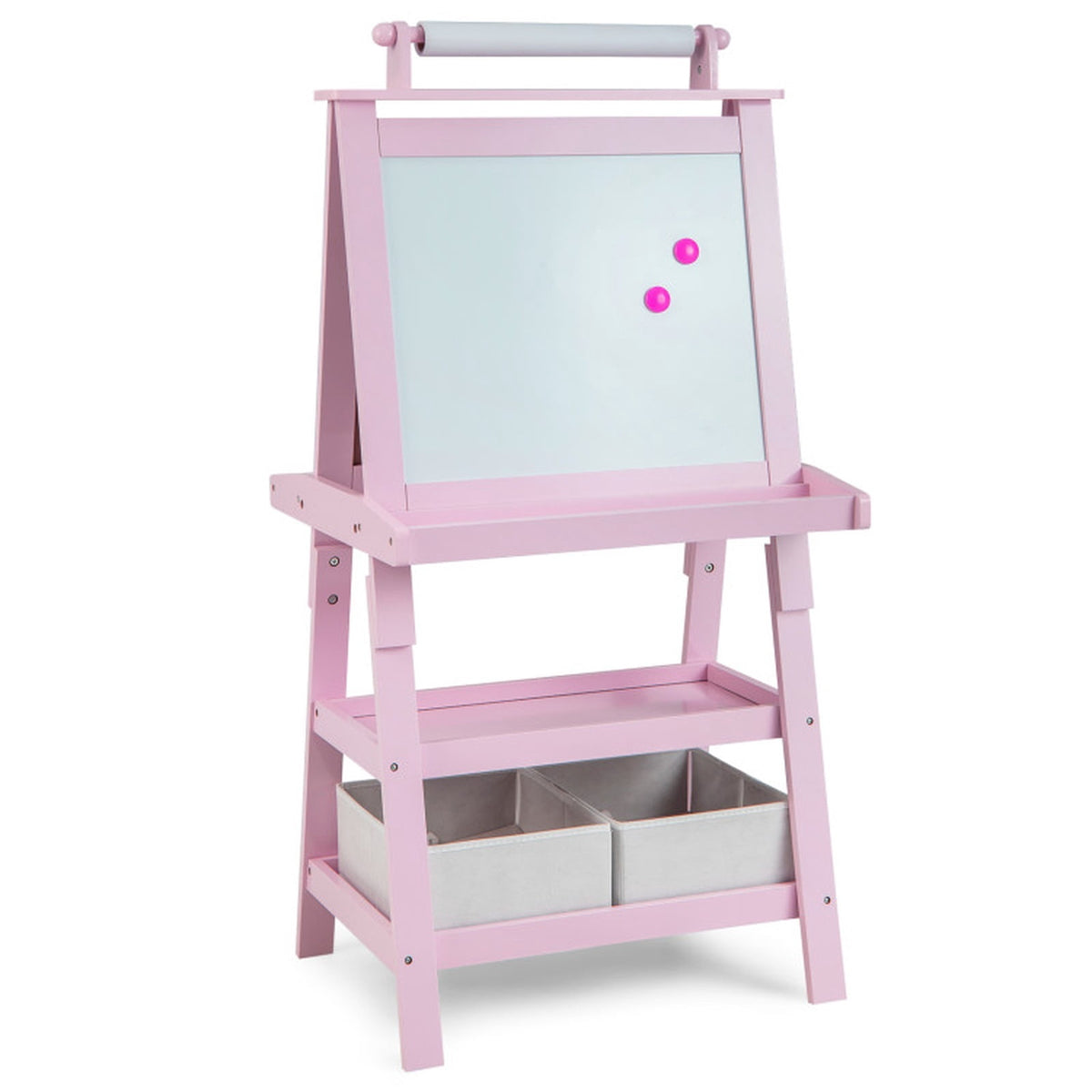 Redsmile 3-in-1 Kids Art Easel, 46 Inch Double-Sided Standing Easel with Paper Roll Whiteboard Chalkboard Storage Shelves and Paint Cups, Toddler Drawing Board for Boys Girls Ages 3+, Pink