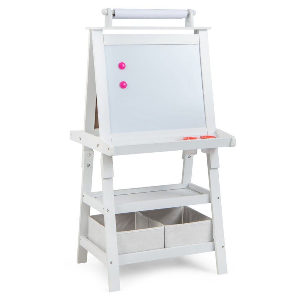 Redsmile 3-in-1 Kids Art Easel for Toddlers 3+ Years, Double-Sided Standing Easel with Whiteboard, Chalkboard and Paper Roll, Storage Shelves, Fabric Bins and Paint Cups, Christmas Gift, White