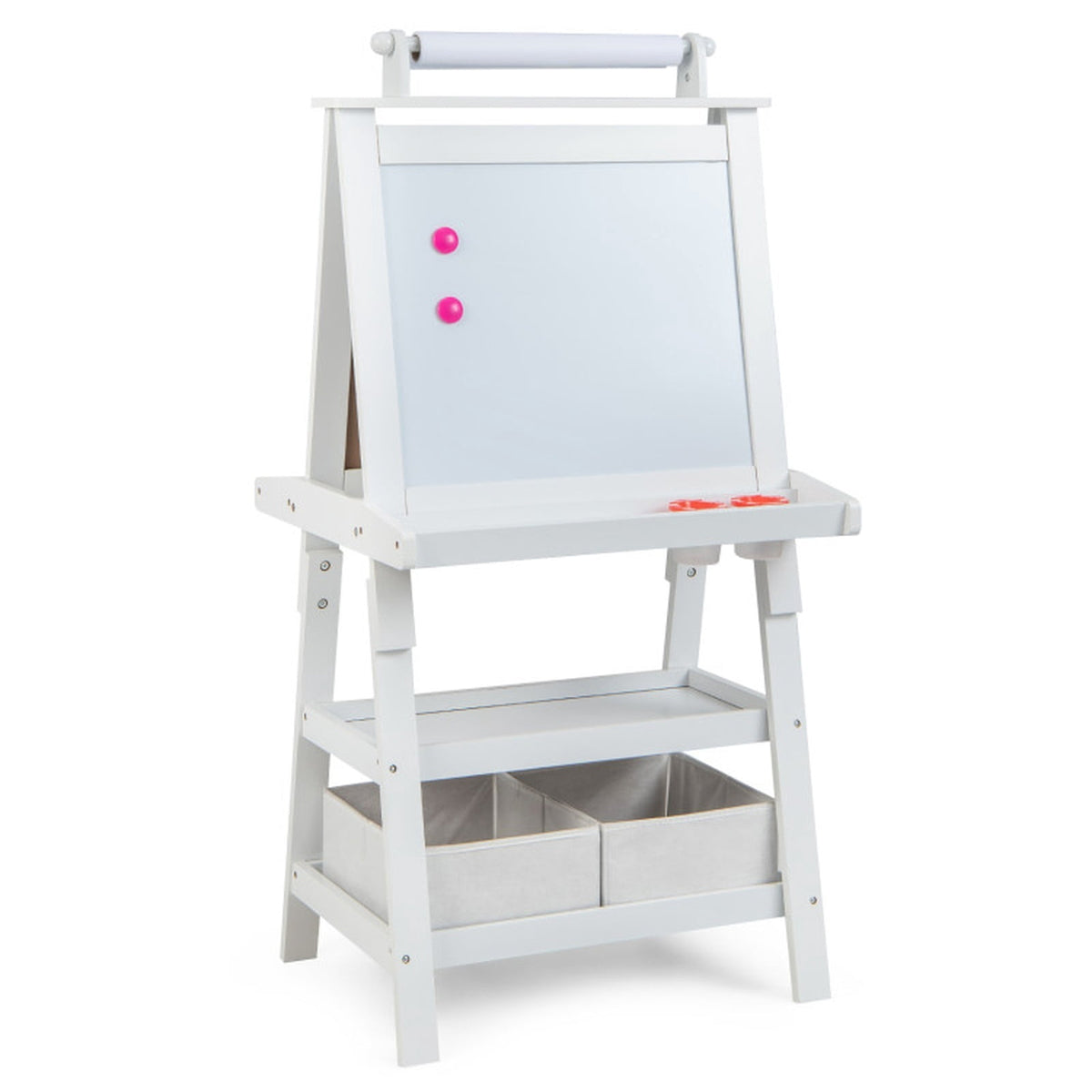 Redsmile 3-in-1 Kids Art Easel for Toddlers 3+ Years, Double-Sided Standing Easel with Whiteboard, Chalkboard and Paper Roll, Storage Shelves, Fabric Bins and Paint Cups, Christmas Gift, White