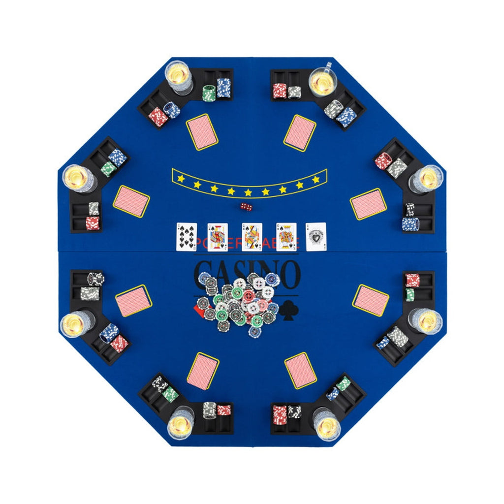 Redsmile 48 Inch 8-Player Foldable Poker Table Top with Carrying Bag, Portable Round Card Game Table Topper with 8 Cup Holders and Chip Trays for Texas Holdem Home Party, Blue