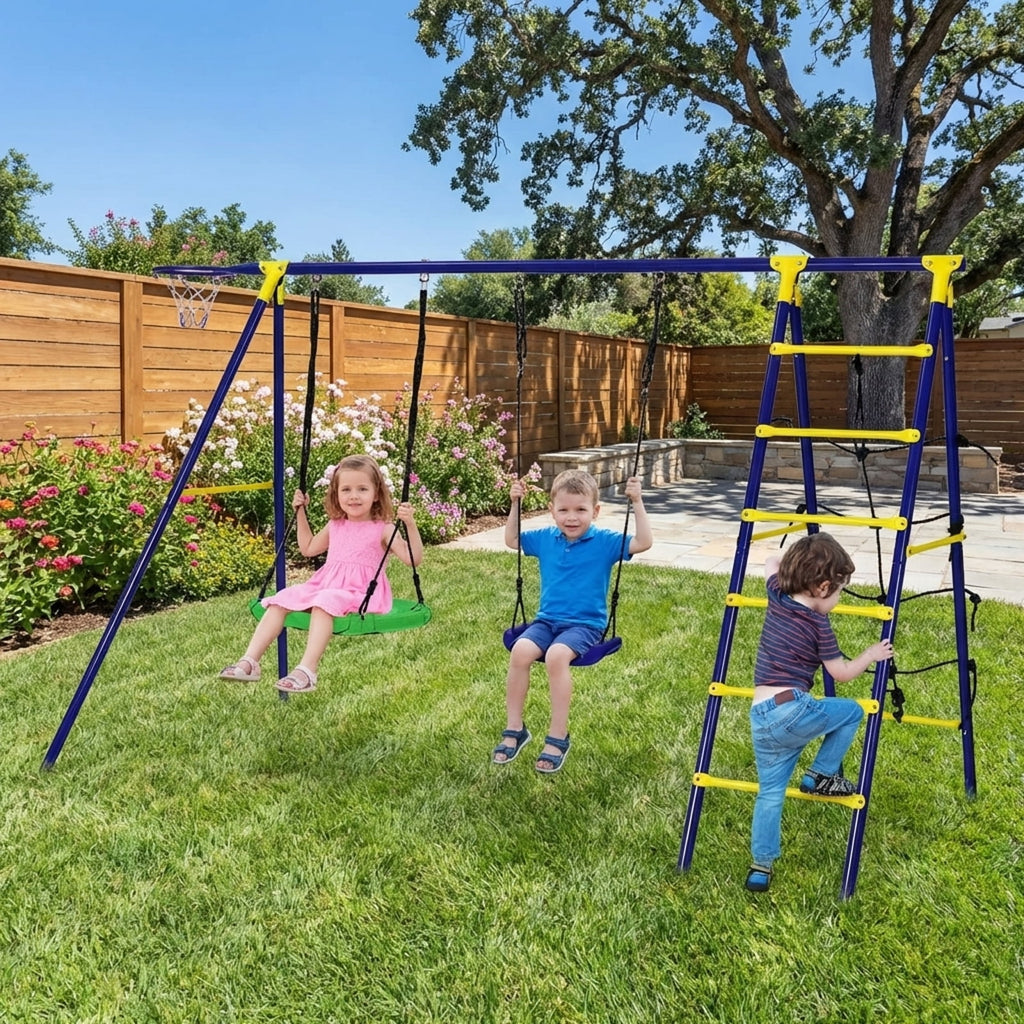 Redsmile 5-In-1 Outdoor Kids Swing Set with A-Shaped Metal Frame and Ground Stake - Blue - Backyard Play
