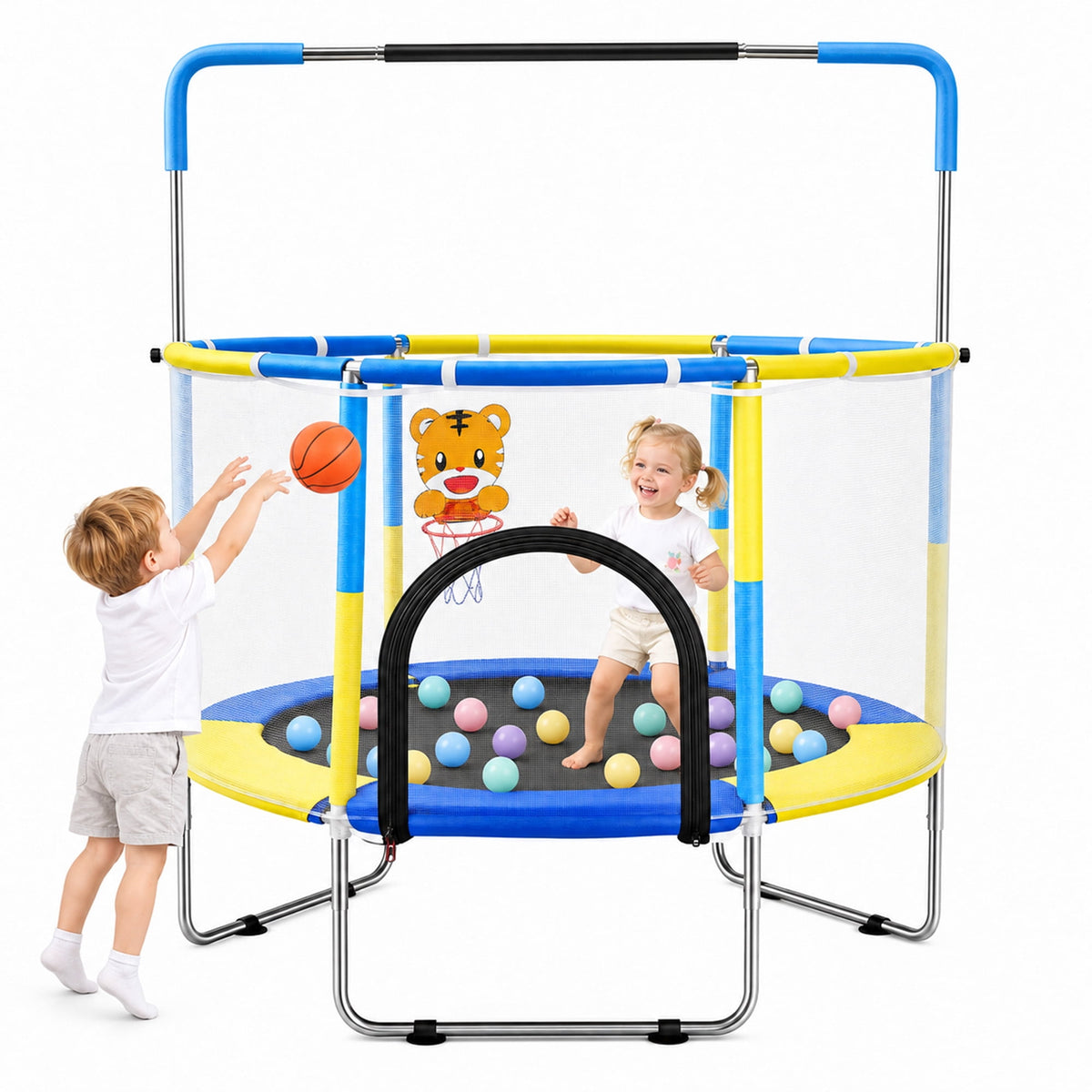 Redsmile 55 Inch Trampoline for Kids with Safety Net, 3-Level Adjustable Height, 500lb Capacity Indoor and Outdoor Jumper with Basketball Hoop for Boys and Girls, Blue