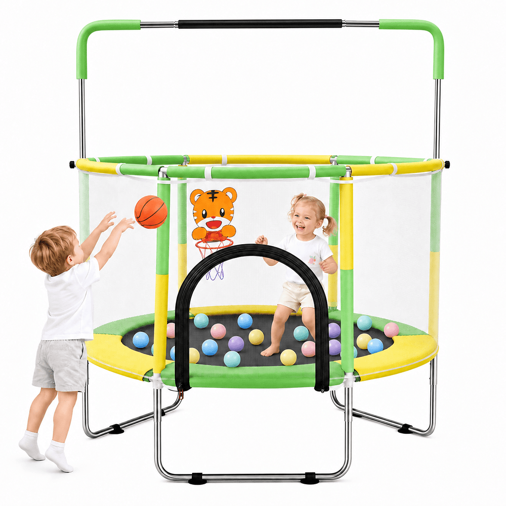 Redsmile 55 Inch Trampoline for Kids with Safety Net, 3-Level Adjustable Height, 500lb Capacity Indoor and Outdoor Jumper with Basketball Hoop for Boys and Girls, Green