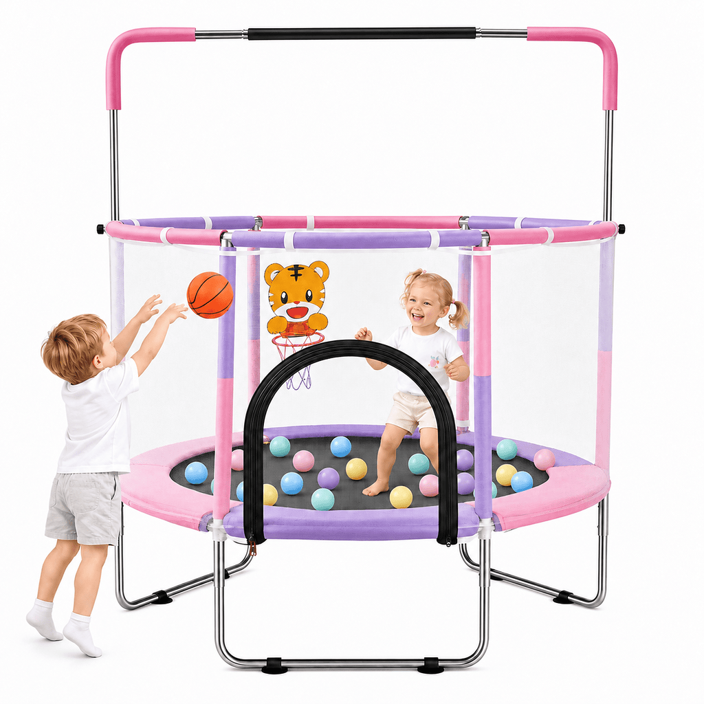 Redsmile 55 Inch Trampoline for Kids with Safety Net, 3-Level Adjustable Height, 500lb Capacity Indoor and Outdoor Jumper with Basketball Hoop for Boys and Girls, Pink