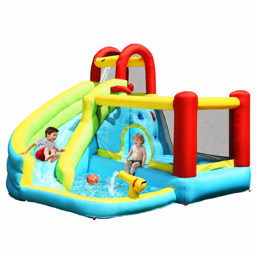 Redsmile 6-in-1 Inflatable Bounce House with Slide, Climbing Wall and Basketball Hoop, Backyard Water Slide for Kids, Splash Pool with Sprinkler for Boys Girls (Without Blower)