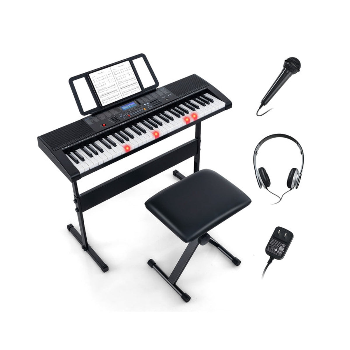 Redsmile 61-Key Electronic Keyboard Piano with Stand, Stool, Microphone and Lighted Keys, Complete Beginner Digital Piano Set for All Ages