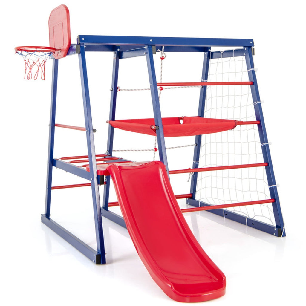 Redsmile 7-in-1 Metal Toddler Climbing Toys for Ages 3-7, Kids Indoor Playground Jungle Gym with Slide, Climbing Net and Rope Ladder, Montessori Climber, Christmas Gift, Red and Blue