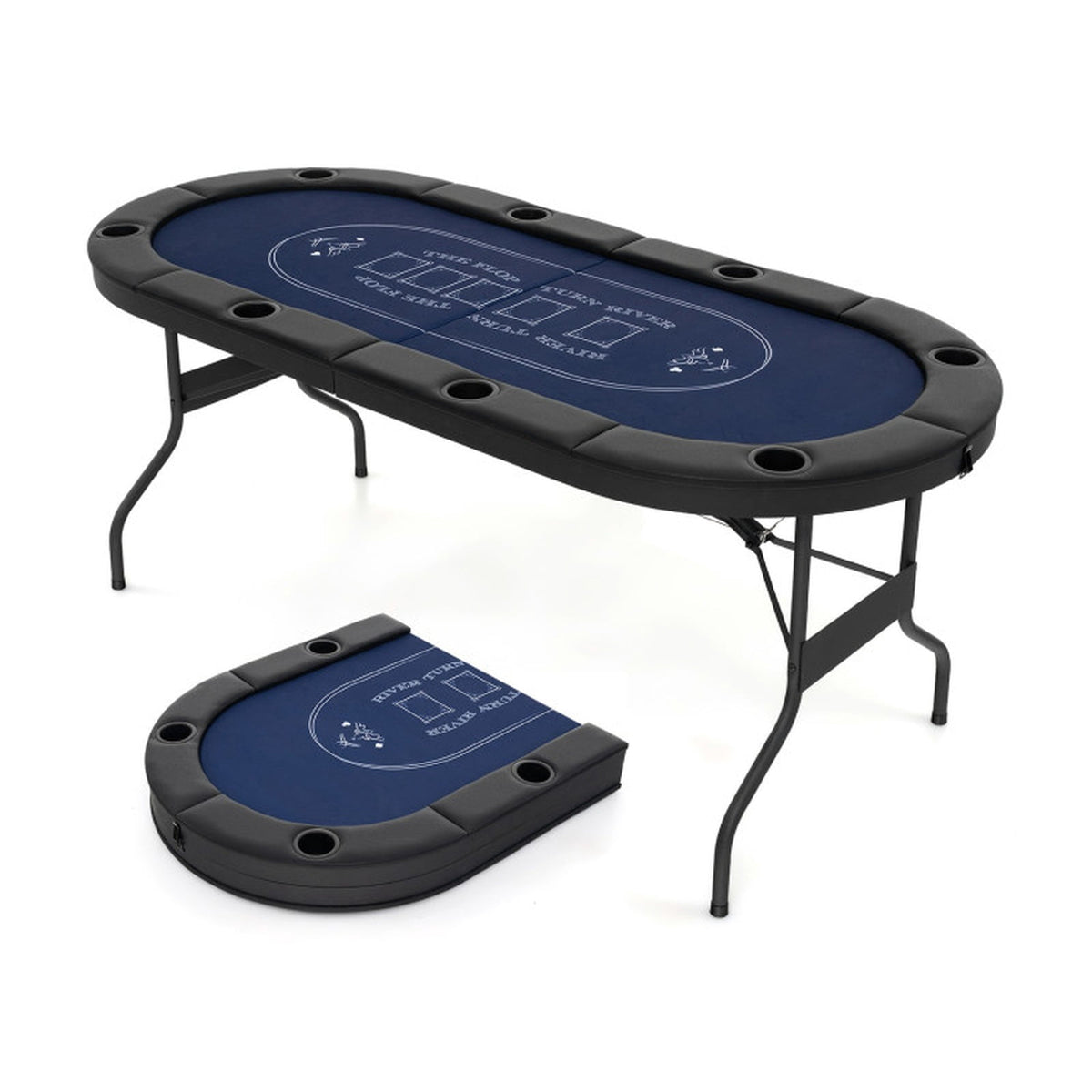 Redsmile 72 Inch Foldable Poker Table for 8 Players, Portable Oval Card Game Table with 8 Cup Holders, Folding Poker Table with PU Leather Armrests for Home Party Camping, Black and Blue