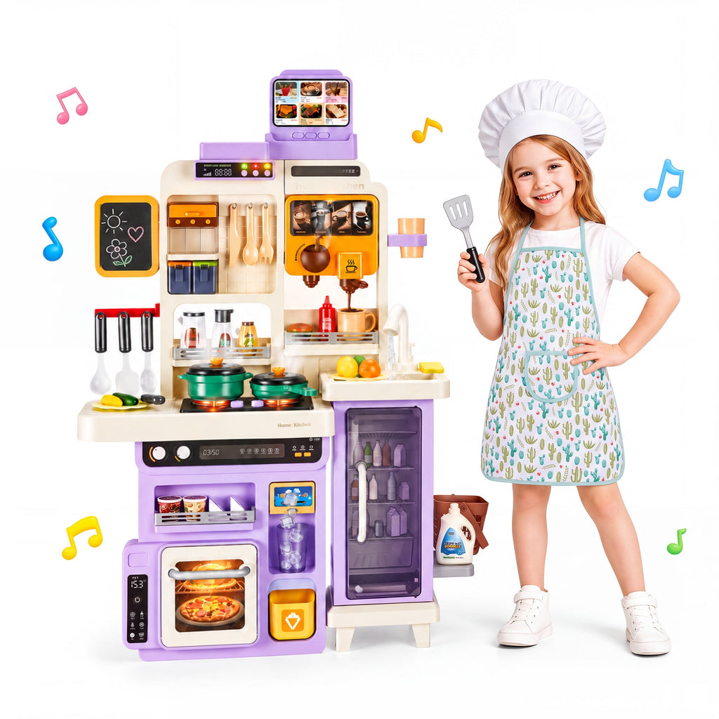 Redsmile Play Kitchen Set with Interactive Menu, Steam Stove, Ice Coffee Maker, Lights, Sounds Music, Apron Set and Food Cards,Pretend Play Toys Gifts for Kids,Purple
