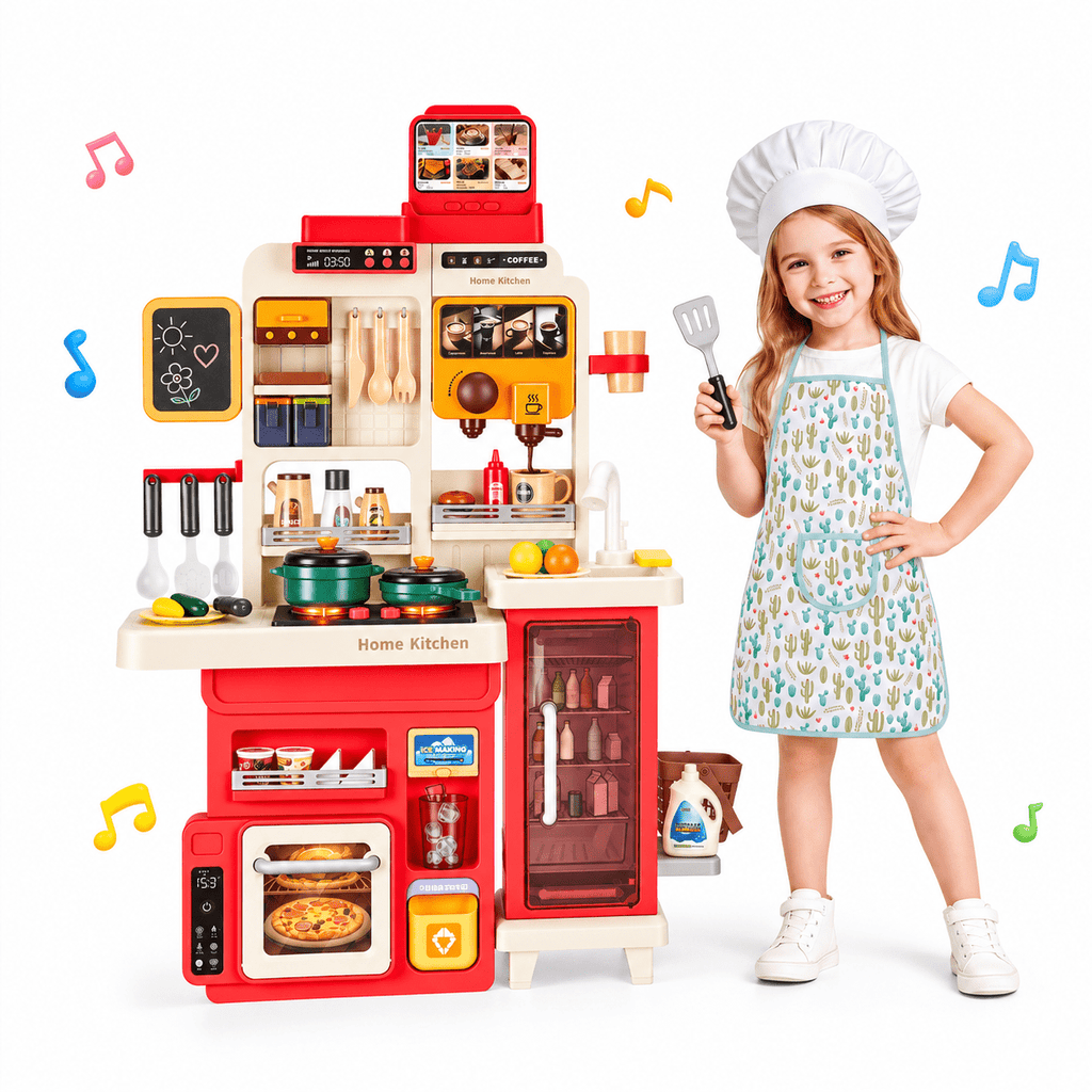 Redsmile Play Kitchen Set with Interactive Menu, Steam Stove, Ice Coffee Maker, Lights, Sounds Music, Apron Set and Food Cards,Pretend Play Toys Gifts for Kids,Red