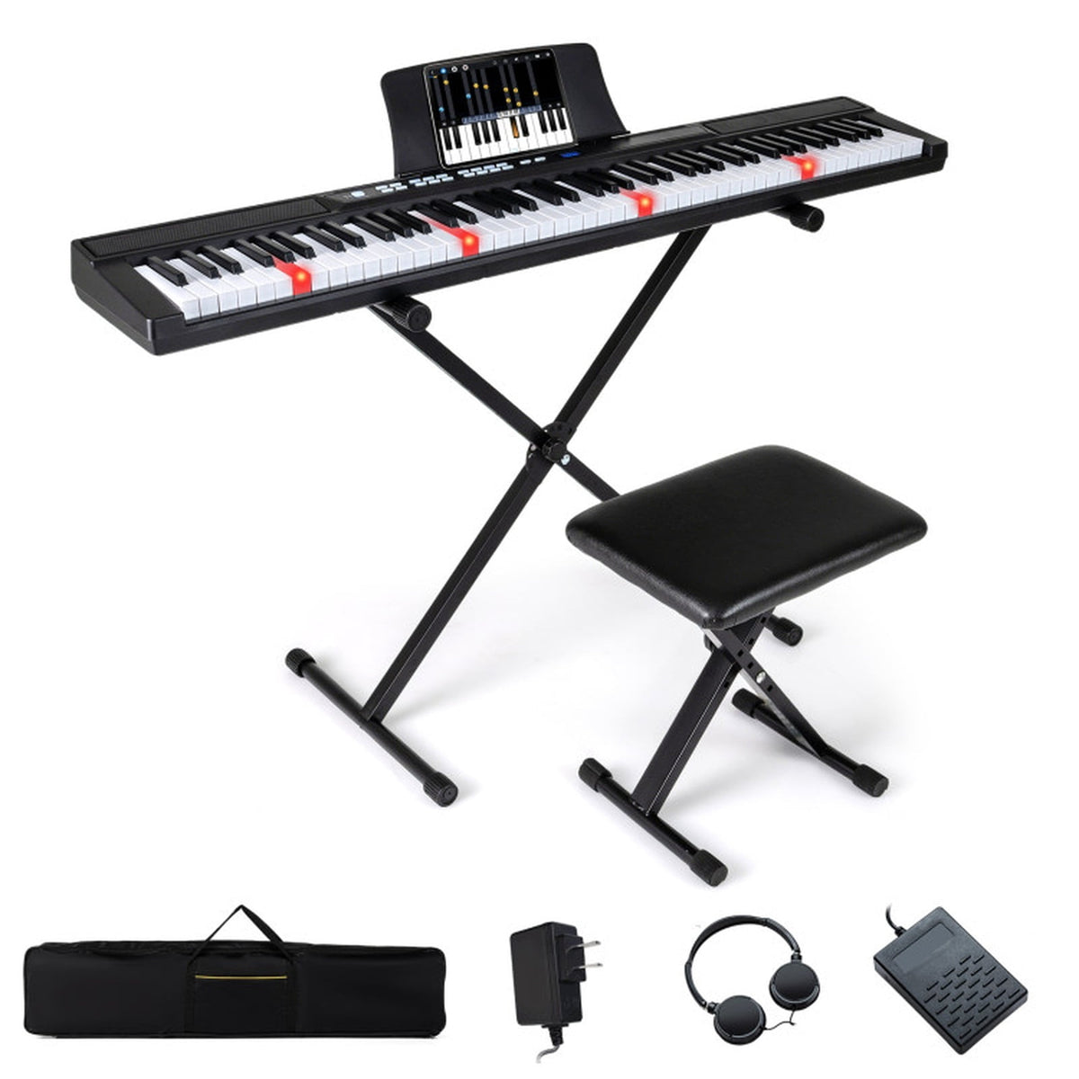 Redsmile 88-Key Electric Keyboard Piano with Adjustable Stand, Stool, Sustain Pedal and Carrying Bag, Full-Size Digital Piano Set for Beginners, Black