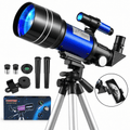Redsmile Telescope for Kids and Adults, 70mm Aperture 300mm Refractor Telescope for Beginners, High Powered 20x to 150x, 3x Barlow, Phone Adapter, AZ Tripod, Portable Astronomy for Stargazing, Blue