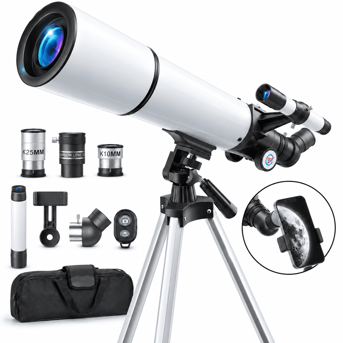 Redsmile Telescope for Adults and Kids, 80mm Aperture 500mm Refractor Telescope for Beginners, High Powered 20x to 50x Astronomy Optics, AZ Mount Tripod, Portable for Moon, Stargazing, Birding, White