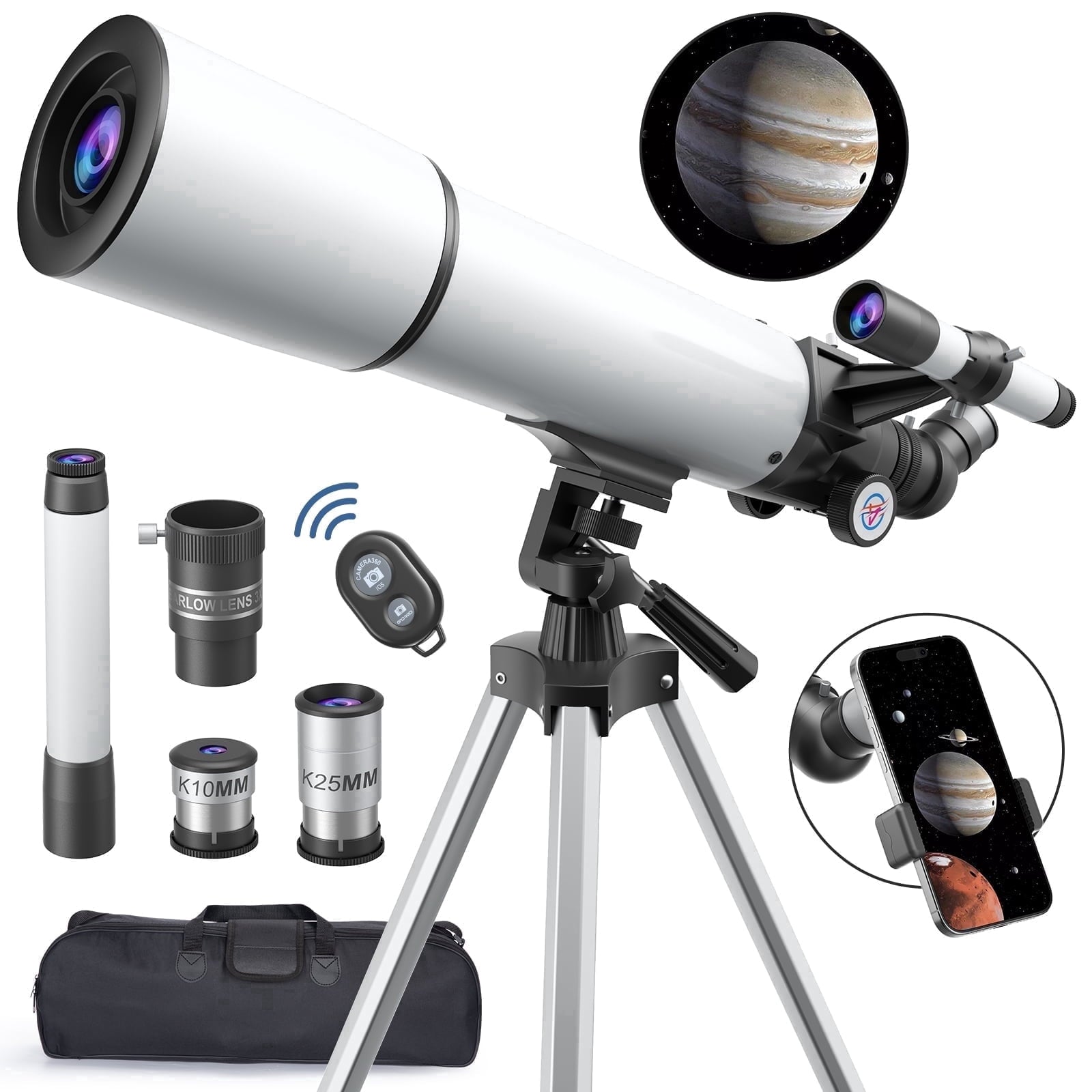 Redsmile Telescope for Adults Astronomy Beginners80mm Aperture 500mm Refractor Telescope with AZ Mount Tripod and 2 Eyepieces20x to 50x Magnification for Moon ViewingWhite