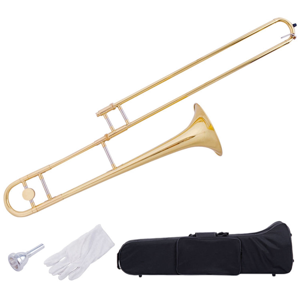 Redsmile B-Flat Tenor Trombone Beginner Set with Brass Body and Standard Mouthpiece and Padded Carrying Case for Students, Gold