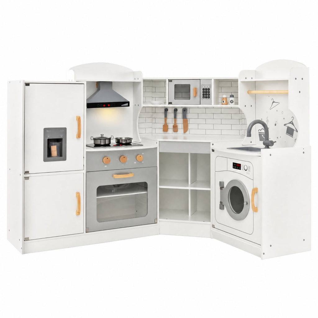 Redsmile Corner Kids Play Kitchen Set for Boys and Girls 3-10 Years, Pretend Play Kitchen with Washing Machine, Ice Maker, Sink, Hanging Hooks and Towel Rack, Fits 4 Kids, Gift, White