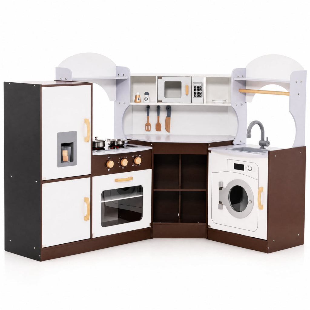 Redsmile Corner Toddler Kitchen Playset for Kids 3-10 Years, Pretend Play Kitchen Set with Ice Maker, Microwave Oven, Sink and Washing Machine, Hanging Hooks and Towel Rack, Fits 4 Kids, White