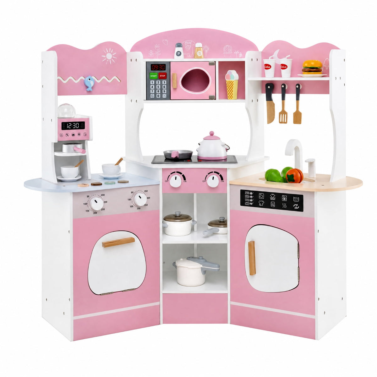 Redsmile Corner Wooden Play Kitchen Set for Kids 3+ Years, Pretend Play Kitchen with Coffee Machine, Slide, Light-Up Microwave, Stoves, Washing Machine and 20 Accessories, Pink