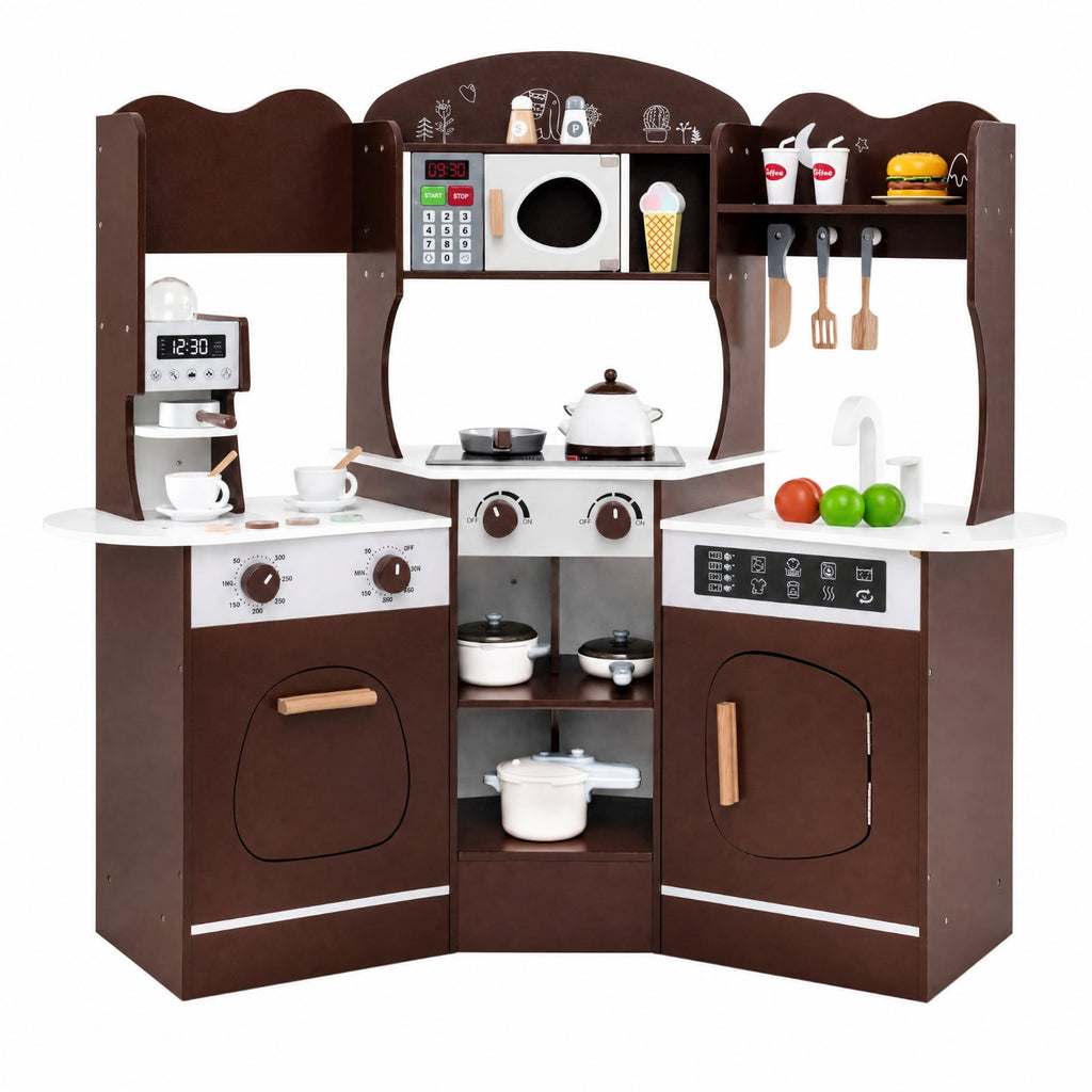 Redsmile Corner Wooden Play Kitchen Set for Kids 3+ Years, Pretend Play Kitchen with Coffee Machine, Slide, Light-Up Microwave, Stoves, Washing Machine and 20 Accessories, Brown