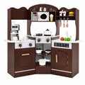 Redsmile Corner Wooden Play Kitchen Set for Kids 3+ Years, Pretend Play Kitchen with Coffee Machine, Slide, Light-Up Microwave, Stoves, Washing Machine and 20 Accessories, Brown