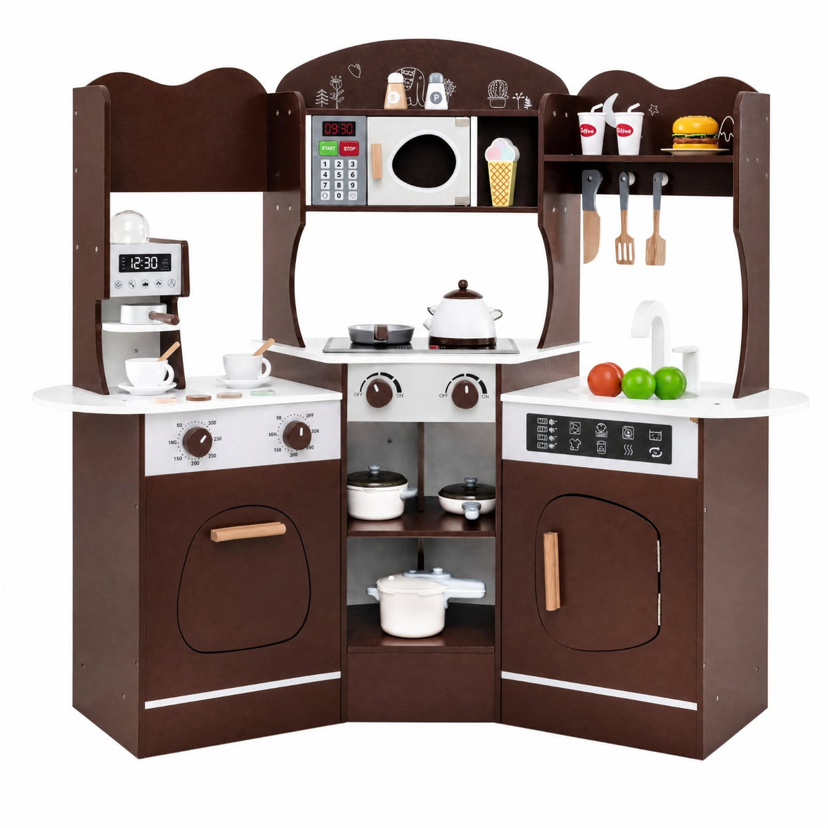 Redsmile Corner Wooden Play Kitchen Set for Kids 3+ Years, Pretend Play Kitchen with Coffee Machine, Slide, Light-Up Microwave, Stoves, Washing Machine and 20 Accessories, Brown