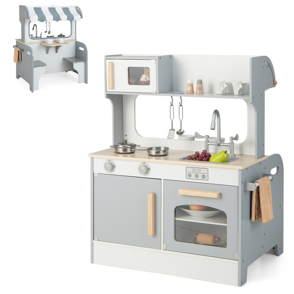 Redsmile Double-sided Pretend Play Kitchen,Wooden Kids Kitchen Playset with 2-Seat Cafe,Microwave,Oven,with Realistic Lights and Sounds,Gift for Girls Boys Ages 3-10,Gray