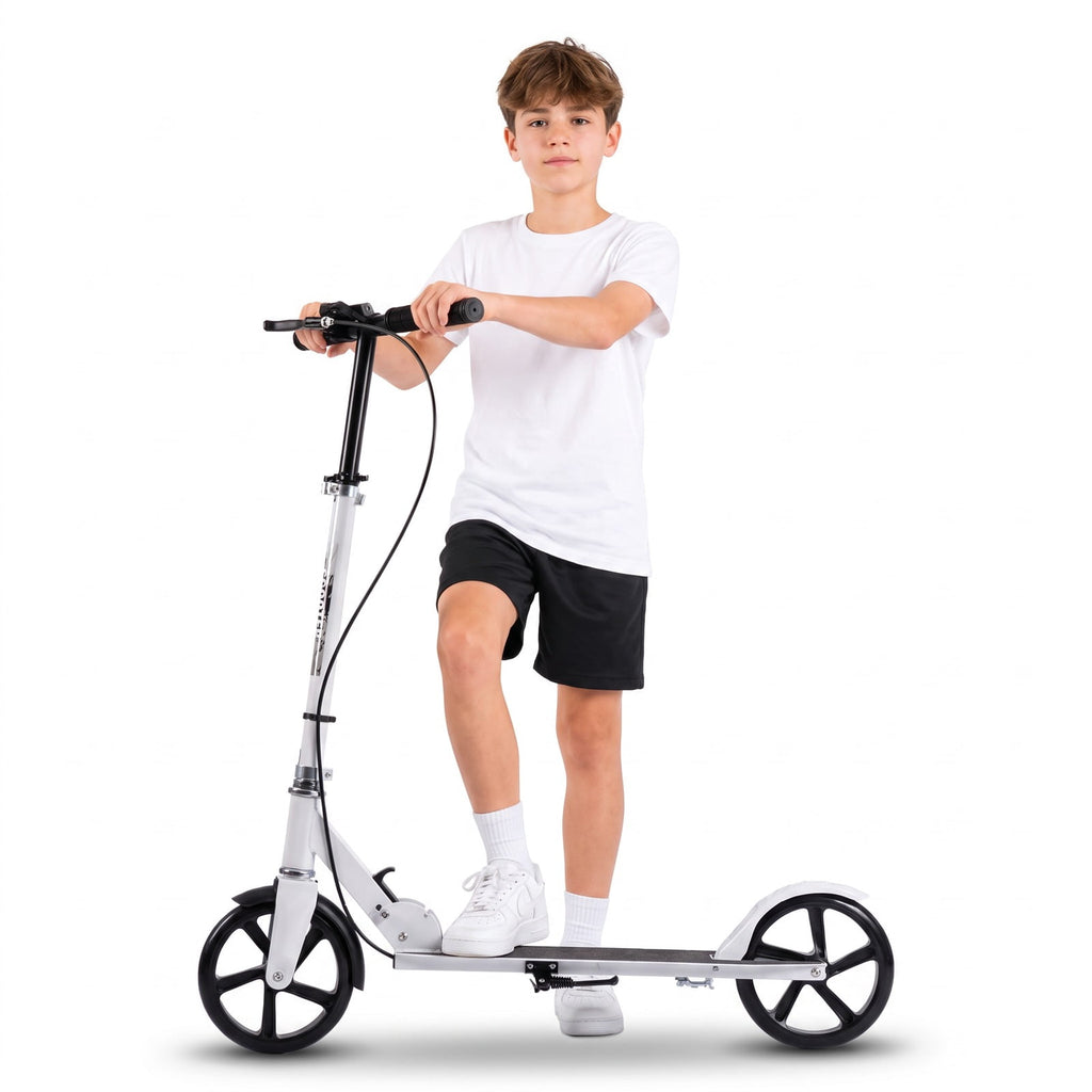 Redsmile Folding Kick Scooter with 8-Inch PU Wheels, 4-Level Adjustable Handlebar and Hand Brake for Everyday Riding, White